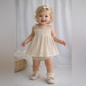 Nordstrom Baby Girl Dress Romper Neutral Stripe Smocked Tie Strap | NWT Size 6M